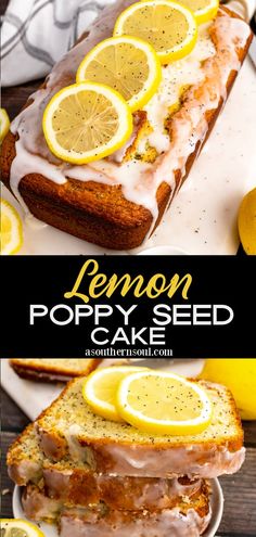 lemon poppy seed cake on a white plate with sliced lemons in the background and text overlay