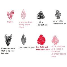 a drawing of different types of heart shapes and sayings for valentine's day