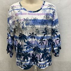 Nwt Blue Palm Tree Print Top By Kaktus. 3/4 Sleeves With A Fun Ribbon Tie On Each Sleeve. 98% Cotton 2% Spandex Measurements Are Flat Lay And Approximate. Armpit To Armpit: 23” Length Of Sleeve: 18” Length Down Center Of Back: 27” Blue Vacation Top With Palm Tree Print, Blue Palm Tree Print Top For Vacation, Blue 3/4 Sleeve Tops For Beach, Blue 3/4 Sleeve Tops For The Beach, Blue Tops With 3/4 Sleeve For Beach, Blue Tops With 3/4 Sleeves For Vacation, Casual Blue Palm Tree Print Top, Blue Palm Tree, Empire Waist Tops