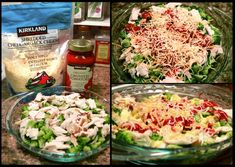 four pictures show different types of salads and ingredients in glass bowls on a counter