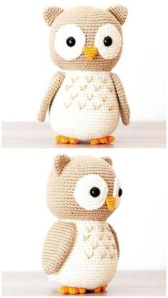 crocheted owl stuffed animal with big eyes and tail sitting on top of each other