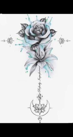 a rose and crescent tattoo design on the back of a woman's shoulder