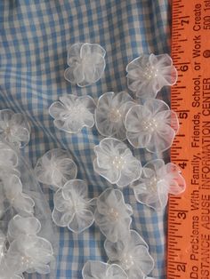 some white flowers on a blue and white checkered table cloth next to a ruler