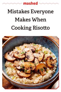 mashed potatoes with mushrooms in a blue bowl