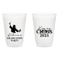 two shot glasses with the names of graduates and graduation party logos on each one side