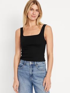 Ultra-Crop Rib-Knit Tank Top | Old Navy Trendy Stretch Tank Top With Square Neck, Casual Tops With Straight Neckline And Stretch, Casual Tops With Stretch And Straight Neckline, Casual Stretch Top With Straight Neckline, Casual Fitted Square Neck Tank Top, Fitted Square Neck Tank Top, Casual Style, Chic Everyday Top With Square Neck, Stretch Square Neck Tank Top, Casual Everyday Camisole With Square Neck