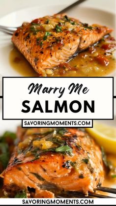 salmon on a white plate with lemons and herbs