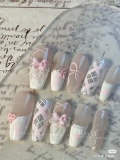 Nail Designs No Charms, Pink Lace Nails, Simple Kawaii Nails, Rococo Nails, Lace Nail Design, Princess Nails, Lace Nail Art