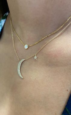 "14kt gold, total weight approx. 2.5 grams, Single-cut round diamonds total weight 0.28 ct. G-H color, SI2 clarity. GIA standards Crescent moon and star necklace is the perfect statement necklace for any occasion & has just the right amount of bLing. This necklace is currently available in your choice of 14k yellow, white or pink gold and comes on an adjustable 16\" --> 17\" --> 18\" cable chain with barrel clasp. **Specifics** 14kt gold, total weight approx. 2.5 grams Single-cut round Celestial Diamond White Jewelry, Celestial White Gold Diamond Jewelry, Celestial Style Jewelry With Brilliant Cut, White Crescent Diamond Jewelry, Celestial White Gold Jewelry With Brilliant Cut, Celestial Jewelry In Diamond White 14k Gold, Celestial 14k Gold Jewelry In Diamond White, Celestial Style Jewelry With Round Cut Diamond Accents, Fine Jewelry Moon Shaped With Diamond Accents