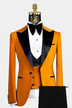 Mens-Orange-Peak-Lapel-Tuxedo-Wedding-Groom-Prom-Suit-from-Gentlemansguru.com Orange Tuxedo, Orange Dinner, Peak Lapel Tuxedo, Tuxedo Prom, White Wedding Suit, Double Breasted Tuxedo, Prom Tuxedo, Orange Suit, Prom Suit