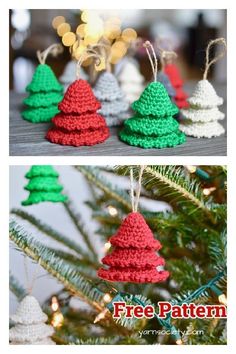 crocheted christmas tree ornaments are hanging on the tree and ready to be hung