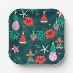 christmas ornaments and pineapples on a green background with starfish, snowflakes and palm leaves