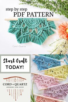 crochet pattern with the words start craft today on it and four different colors