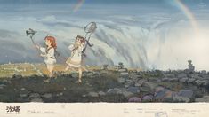 two girls are walking in front of a waterfall with rainbows and clouds behind them