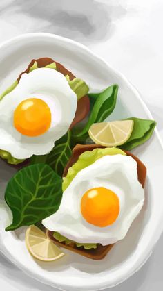 two fried eggs on toast with lettuce and lemon slices in a white bowl