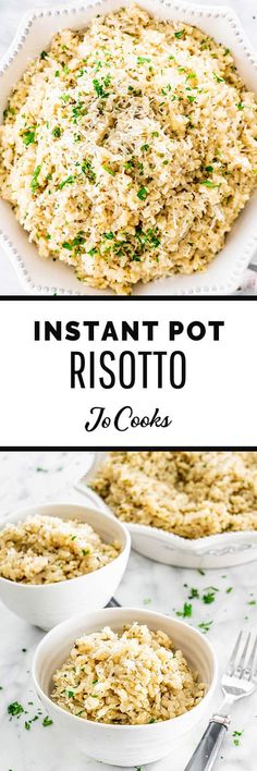 instant pot risotto in casserole with parsley on top and another bowl full of rice