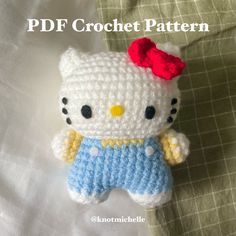 This is a PDF crochet pattern, not a finished product! A 9 page PDF file, including the title page, step-by-step instructions, notes, and pictures to make a kitten in overalls. Beginner friendly crochet pattern to make your very own kitten in overalls! The pattern is written in English and uses US terminology. Materials: Worsted weight yarn (size 4) in white and pink. (You can always change the colours, I included the instructions for the basic pink overalls, but have pictures of her blue overalls and yellow shirt) 3.75mm hook Black, yellow, and white felt or whatever you desire to make the face with Glue or any adhesive to attach the face Polyfil / Fibrefil Stitch marker (optional) Scissors Darning needle Note that this is a DIGITAL PDF PATTERN, you will NOT receive the actual physical pr Hello Kitty Pusheen Crochet Pattern, Overalls Crochet Pattern, Overalls Crochet, Crochet Hello Kitty, Hello Kitty Crochet, Unique Tools, Crochet Fairy, Confection Au Crochet, Beginner Crochet Tutorial