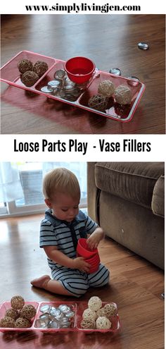 two pictures showing different stages of playing with food in trays and on the floor