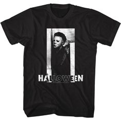 Halloween-Michael & Logo B&W-Black Adult S/S Tshirt - Coastline Mall Halloween Franchise, Michael Myers Shirt, Logo B, Fashion Halloween, Slasher Film, Disney Stars, Band Merch, Authentic Design, Stylish Shirt