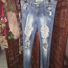 Womans Machine Brand Distressed Jeans With White Lace Sz 13 Never Worn Lace Print, Distressed Jeans, White Lace, Women Jeans, Blue And White, Lace, Women Shopping, Color