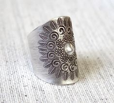 "HandmadeBoho Sterling Silver Ethnic Mandala Statement Ring, Adjustable and can fit any Finger, also as Thumb Ring, Dimension: Size: Adjustable, Please specify your size at your order Length: (front side) - 1.2\" / 3.1cm Metal Purity: 95% Silver (Purer than 925 Sterling Silver) To browse some more of our silver jewelry collection you can click on the following links: https://www.etsy.com/shop/SilverShapes Earrings: https://www.etsy.com/shop/SilverShapes?section_id=14809462&ref=shopsection_le Turquoise Jewelry Western, Mandala Boho, Hippie Rings, Necklace For Girlfriend, Thumb Ring, Wrap Ring, Silver Jewelry Rings, Thumb Rings, Wrap Rings