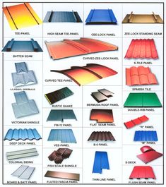 different types of metal roofing sheets and colors, including red, blue, green, yellow