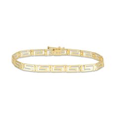 This beautiful geometric-pattern bracelet is crafted in 14K yellow gold and features diamond-cut Greek key links. Shining with a high polish finish, the 7.25-inch bracelet secures with a box clasp. Key Bracelet, Pattern Bracelet, Box Clasp, Greek Key, Italian Charm Bracelet, Diamond Cut, A Box, Diamond Cuts, Jewelry Bracelets