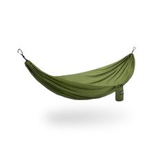 a green hammock hanging from the side with two straps on each end and an attached