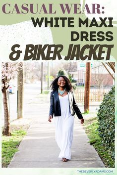 White Maxi Dress and Biker Jacket combo? Why not! You might not imagine these two in one outfit, but trust me, their contrast makes your casual clothes the bomb fashion style. This white maxi dress is going to be worn a lot this summer. I live in maxi dresses during the summer. They are easy to throw and look somewhat put together. Have a glimpse of where to buy their on-trend pieces here. Get some fashion ideas and accessorizing tips as well. #fashionista #outfitoftheday #fashiontrend Dress And Biker Jacket, Beverly Adams, Accessorizing Tips, White Maxi Dress Outfit, Biker Jacket Style, Best Casual Outfits, Maxi Dress Outfit, White Maxi Dress, The Bomb