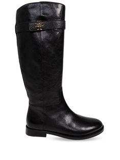 black calf leather side zip fastening signature Double T motif round toe knee-high flat leather sole Tory Burch Boots, Leather Riding Boots, Leather Cap, Boot Pumps, Crossbody Tote, Leather Accessories, Mens Shoes Sneakers, Shoulder Handbags, Valentino Garavani