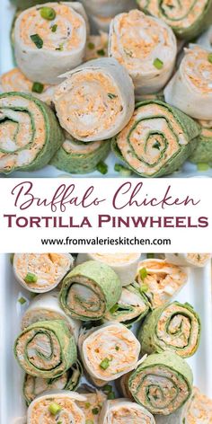 some food is laying out on a white plate and there are two pictures with the words buffalo chicken tortilla pinwheels