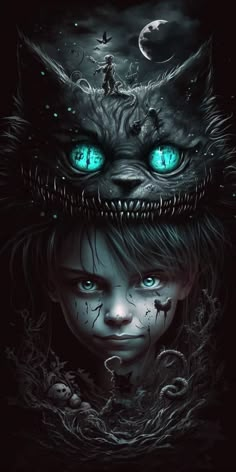 a girl with blue eyes and a cat's head on her head, in the dark