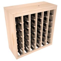 a wooden wine rack filled with lots of bottles