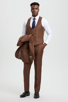 This two button suit from Stacy Adams features a matching double breasted vest, side vents, flat front pants, and a hybrid fit suit (Sizes 34-44 = Slim Fit / Sizes 46+ = Modern Fit). Brown Groomsmen Suits, Brown Wedding Suit, Brown Groomsmen, Brown Tuxedo, Black And Red Suit, Khaki Suits, Black Pinstripe Suit, Grey Pinstripe Suit, Graduation Suits