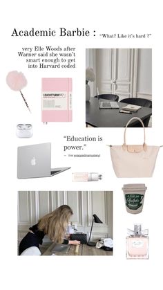 the contents of an advertisement for a women's perfume brand, including a laptop and purse