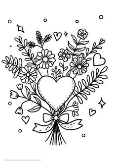 a heart surrounded by flowers and hearts on a white background with black outline, for valentine's day