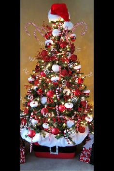 a christmas tree decorated with candy canes and ornaments