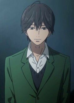 an anime character wearing a green suit and white shirt with black hair, standing in front of a dark background