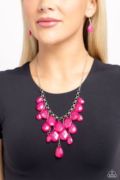 Varying in size, an opaque collection of faceted pink teardrops trickle along a chunky silver chain. Infused with dainty silver chains, additional teardrop beads swing from the effervescent fringe at varying lengths for a glamorous finish. Features an adjustable clasp closure. Sold as one individual necklace. Includes one pair of matching earrings. Colorful Accessories, Silver Chains, Pink Necklace, Teardrop Beads, Paparazzi Accessories, Paparazzi Jewelry, Wedding Guest Outfit, Affordable Fashion, Matching Earrings