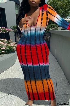 Olivia Mark - Orange Striped U-Neck Pencil Skirt Dress for Women Multicolor Maxi Bodycon Dress For Spring, Multicolor Maxi Length Bodycon Dress For Spring, Multicolor Long Sleeve Bodycon Summer Dress, Multicolor Long Sleeve Bodycon Dress For Summer, Casual Pencil Skirt Dresses For Spring, Spring Bodycon Dress With Pencil Skirt Stretch, Fitted Multicolor Bodycon Dress For Fall, Casual Multicolor Knee-length Bodycon Dress, Casual Fitted Multicolor Bodycon Dress