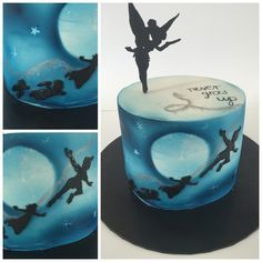 the cake is decorated with blue frosting and black silhouettes