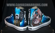 a pair of shoes painted with images of actors