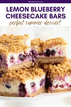 lemon blueberry cheesecake bars on a white plate with the words perfect summer dessert