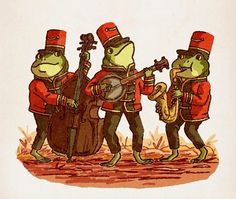 three green frogs playing musical instruments and wearing red hats while standing next to each other