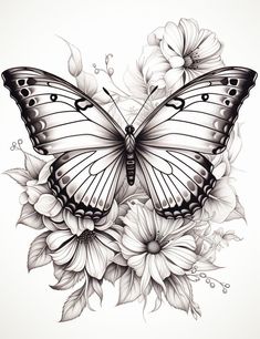 a black and white drawing of a butterfly on flowers