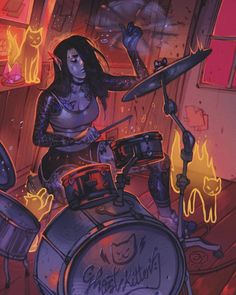 a woman playing the drums in front of a drum set with cats and flames behind her