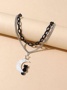 Black Cat Sitting, Unique Accessories, Moon Charm, Black Chain, Cat Sitting, Layered Necklace, Moon Necklace, Accessories Unique, Layered Necklaces