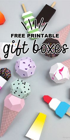 free printable gift boxes with ice cream cones, popsicles and sprinkles