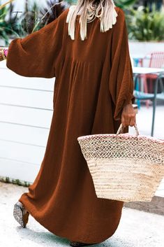 Details: Material: Polyester, Spandex Style: Casual Pattern Type: Solid Element: Buckle Neckline: O Neck Silhouette: Long Sleeve Sleeve Style: Regular Sleeve Sleeve Length: Long Sleeve Fit Type: Loose Clothing Length: Long Type: Solid Color Size(in) Bust Dresses Length Sleeve Length S 50.4 50.4 24.4 M 52 50.8 24.8 L 54.3 51.2 25.2 XL 56.7 51.6 25.6 Tips:Due to the many variations in monitors, the color in the image could look slightly different, please take physical design and color shall prevail.Please allow 0.4"-1" differs due to manual measurement. Solid Color Beach Dress For Fall, Brown Beach Dress Solid Color, Non-stretch Solid Brown Dress, Non-stretch Brown Dress, Non-stretch Brown Beach Dress, Brown Casual Free Size Dress, Casual Brown Free Size Dress, Stylish Tunic Tops, Blouse Korean Style