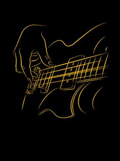 a person playing an electric guitar with yellow lines on the body and neck, against a black background